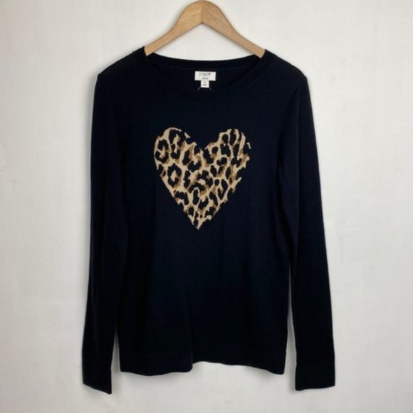 NWT J.Crew S Factory Teddie Sweater Black Animal Leopard Print Heart Intarsia - Picture 2 of 12